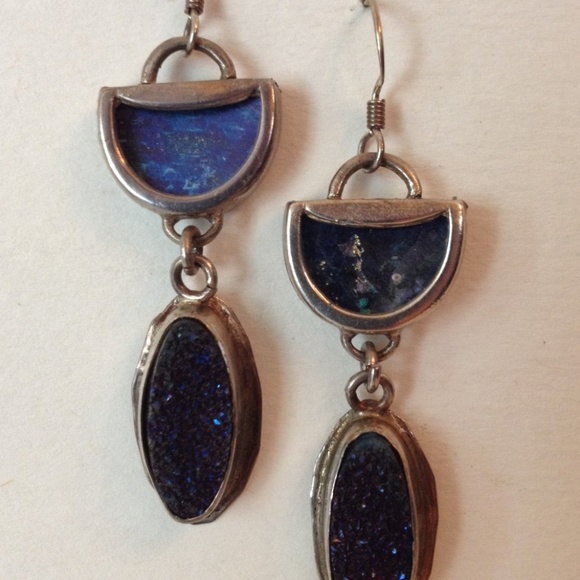 Druzy Quartz Roman Glass Earrings Sterling Silver Pierced Dangle Handcrafted - Picture 2 of 7